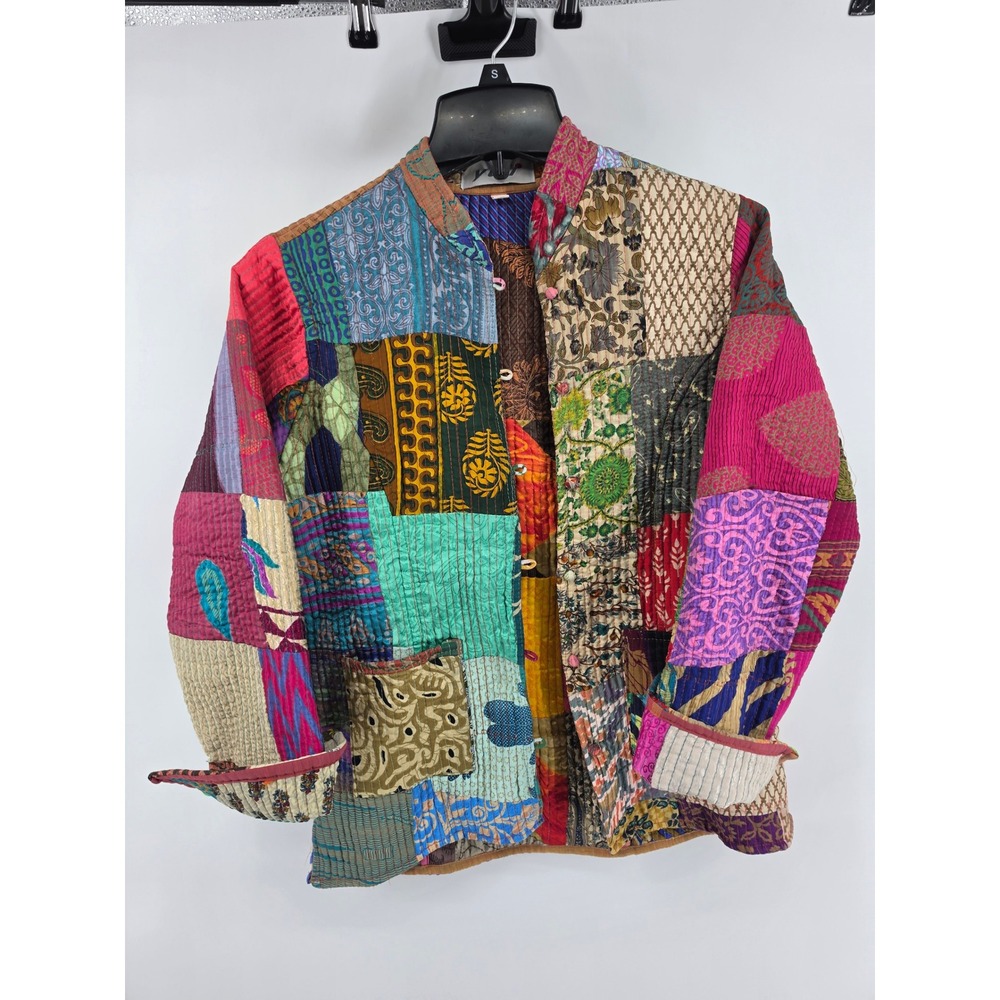 Yuli Women Patchwork Kantha Quilt Jacket Multi Color Boho Artisan Button Front L